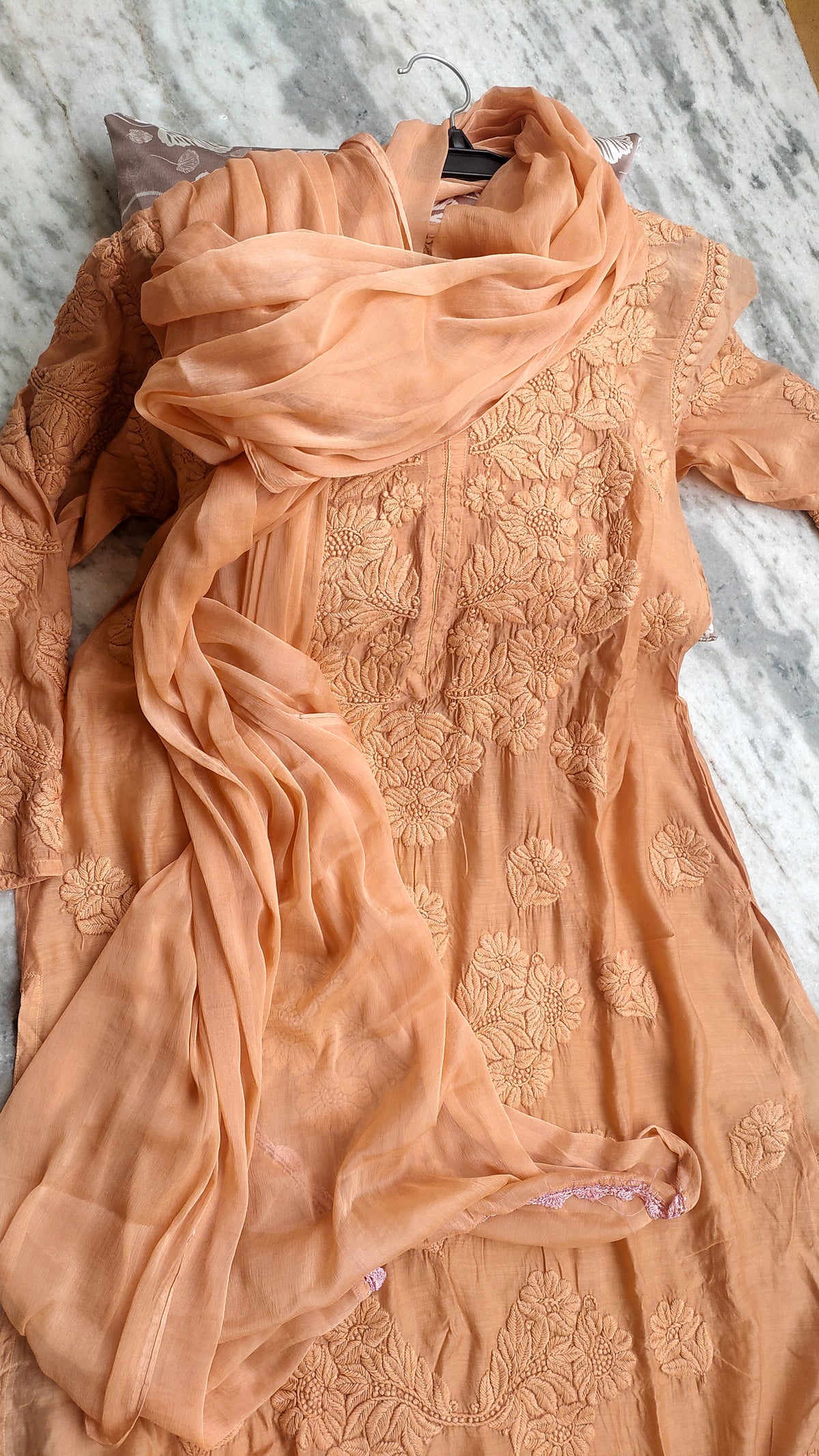 Honey Bee premium silk modal chikankari kurta set by LVW Fashions, handcrafted Lucknow chikankari in a pure, elegant design.