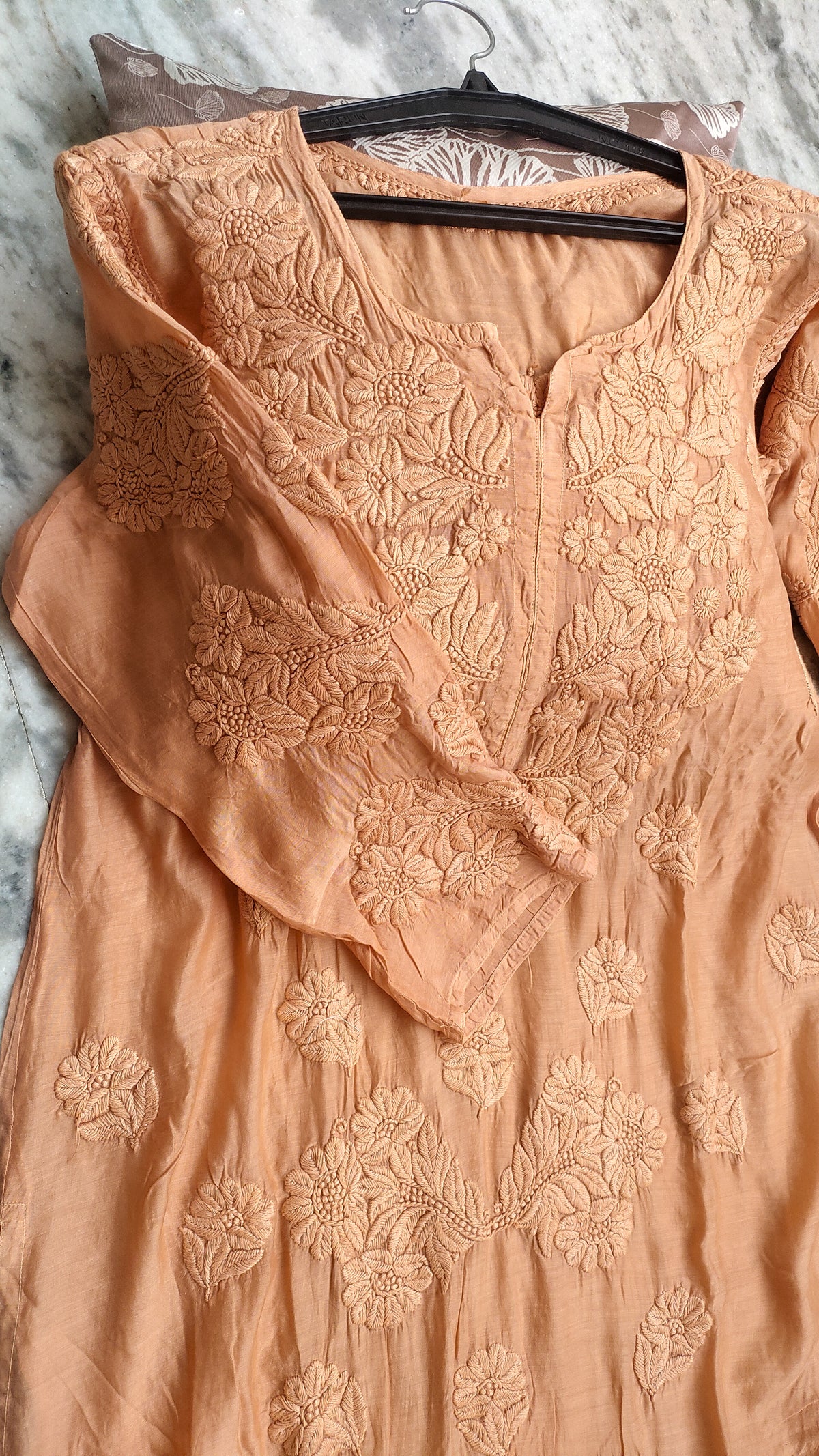 Honey Bee premium silk modal chikankari kurta set by LVW Fashions, handcrafted Lucknow chikankari, featuring intricate embroidery.