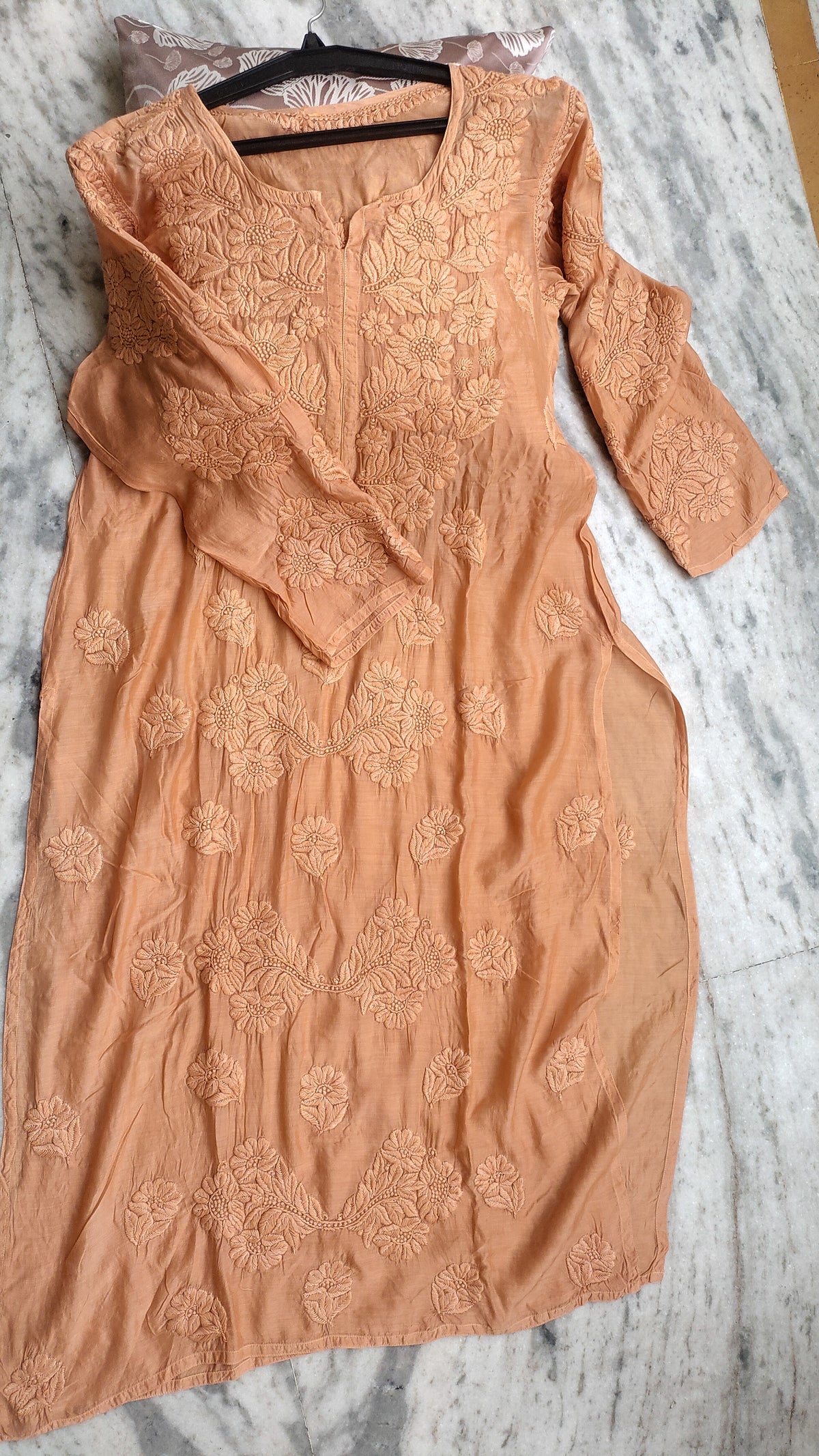 Honey Bee premium silk modal Chikankari kurta set by LVW Fashions, handcrafted in Lucknow with intricate embroidery.