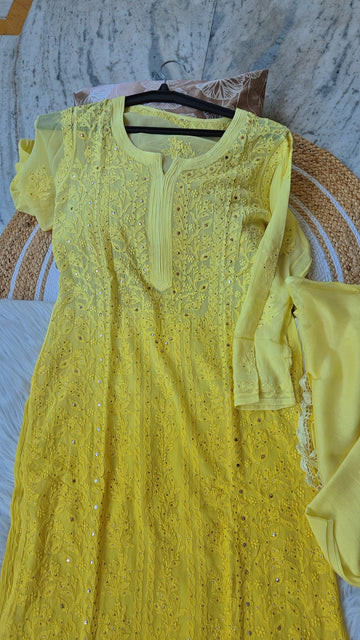 Luxurious Hoor Ombre Premium Georgette Chikankari Kurta with Kamdani embellishments, handmade by LVW Fashions from Lucknow Chikankari collection.
