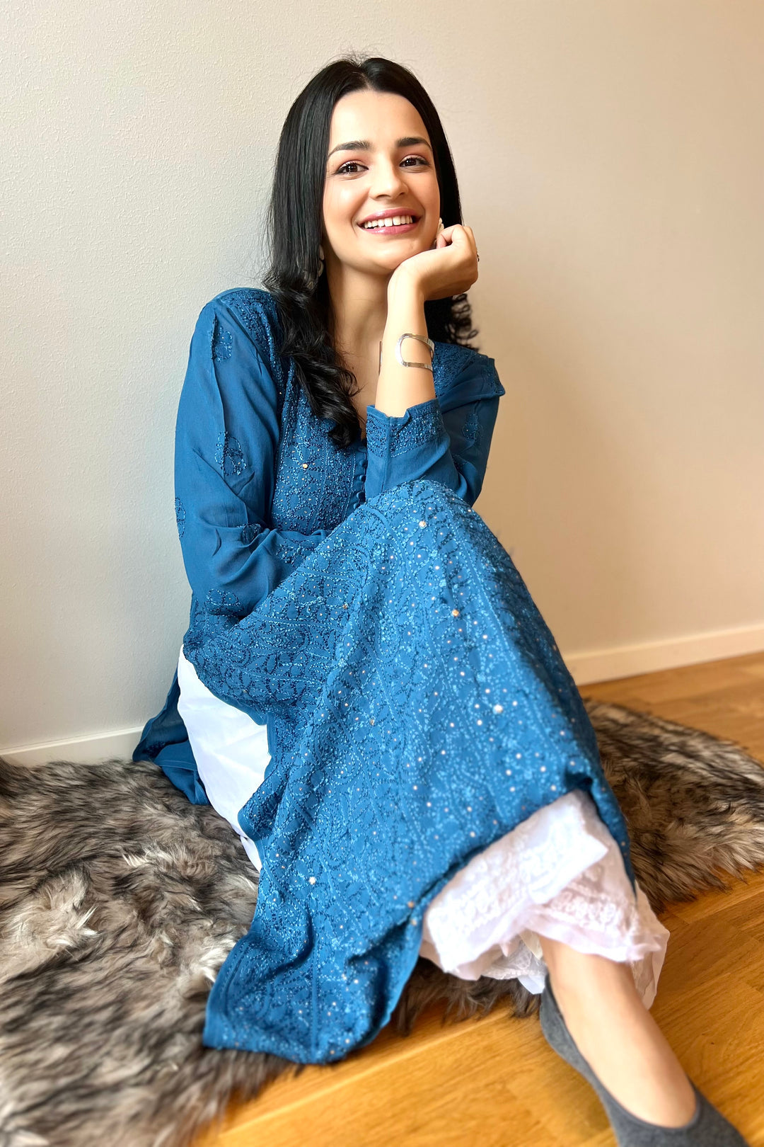 Luxurious Hoor Premium Georgette Chikankari set with Kamdani add-on, handmade Lucknow Chikankari kurta by LVW Fashions.