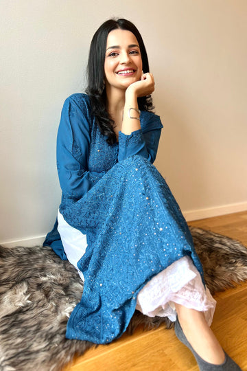 Luxurious Hoor Premium Georgette Chikankari set with Kamdani add-on, handmade Lucknow Chikankari kurta by LVW Fashions.
