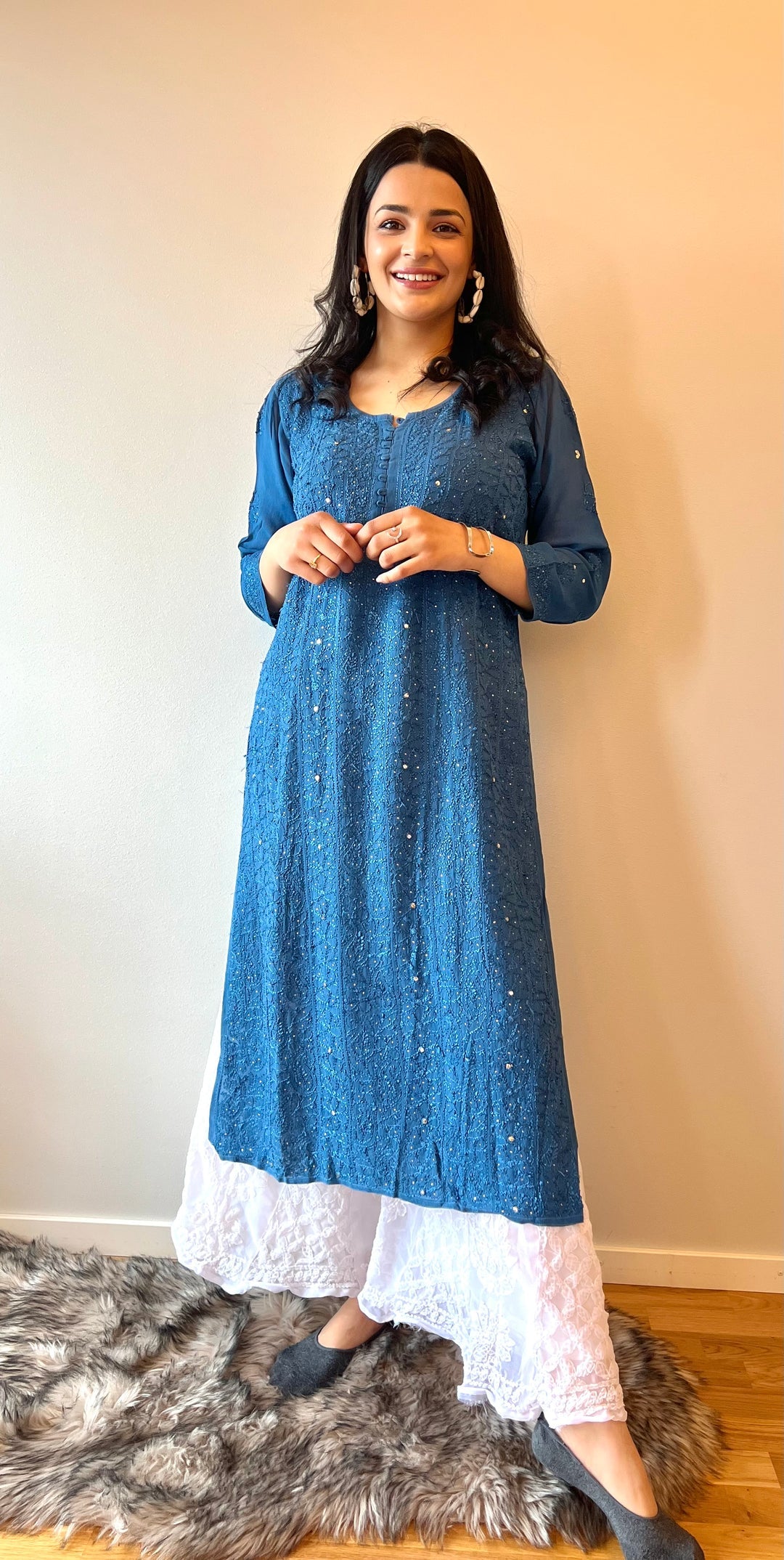 Hoor Premium Georgette Chikankari luxurious kurta set with Kamdani add-on by LVW Fashions, featuring intricate handmade Lucknow Chikankari.