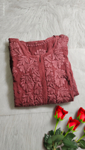 Hot chocolate-colored handcrafted Chikankari long kurta by LVW Fashions, featuring intricate Lucknow embroidery for elegant traditional wear.