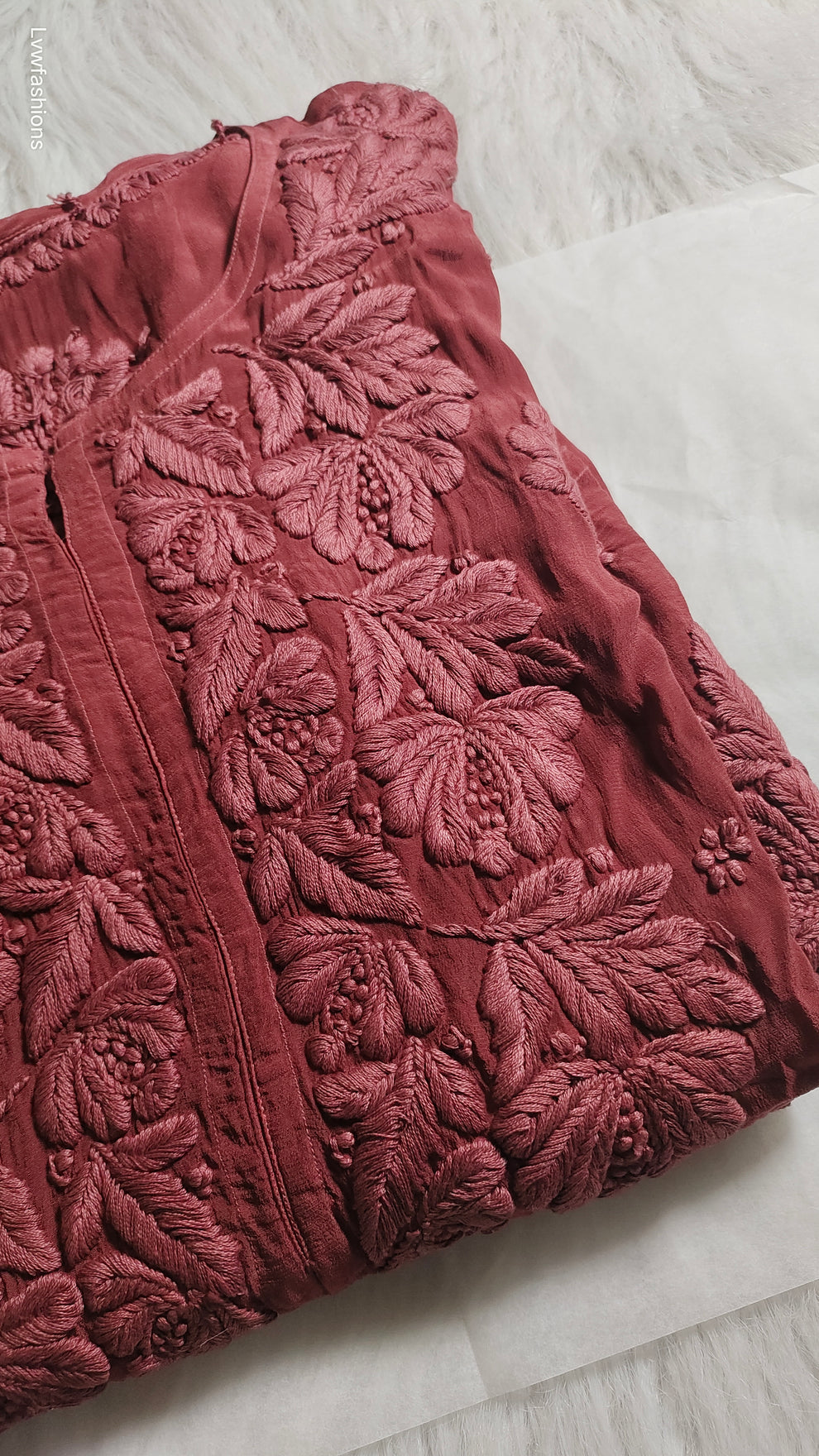 Hot Chocolate handcrafted Chikankari long kurta by LVW Fashions, featuring intricate Lucknow embroidery and luxurious handmade details.
