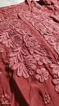 Luxurious hot chocolate handcrafted long Chikankari kurta by LVW Fashions, featuring intricate Lucknow embroidery and premium craftsmanship.