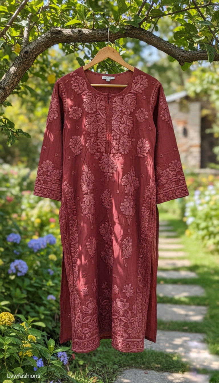 Hot chocolate-colored handcrafted Chikankari long kurta by LVW Fashions with intricate Lucknow embroidery, luxurious and elegant.