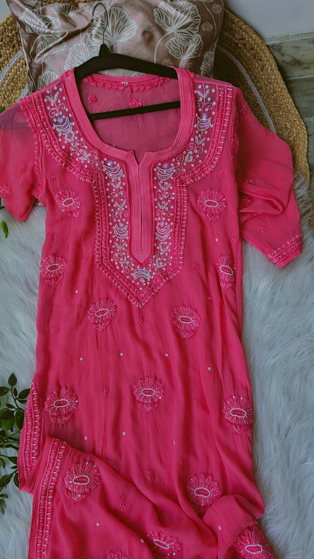 Hot pink Noori premium georgette Chikankari kurta with intricate cutdana embroidery, handcrafted in Lucknow by LVW Fashions.