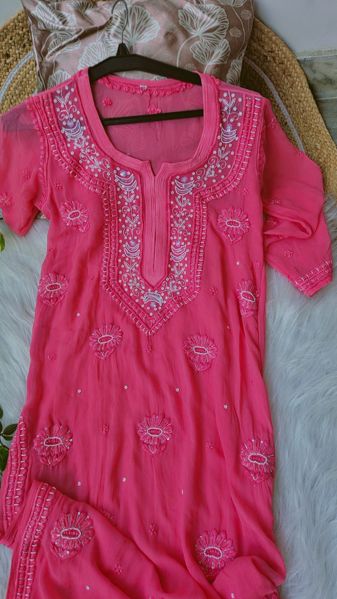 Hot pink Noori premium georgette Chikankari kurta with intricate cutdana embroidery, handmade by LVW Fashions from Lucknow.