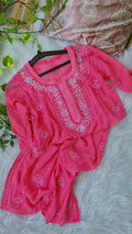 Hot pink Noori premium georgette Chikankari kurta with handmade Lucknow cutdana embroidery and intricate chikankari details.