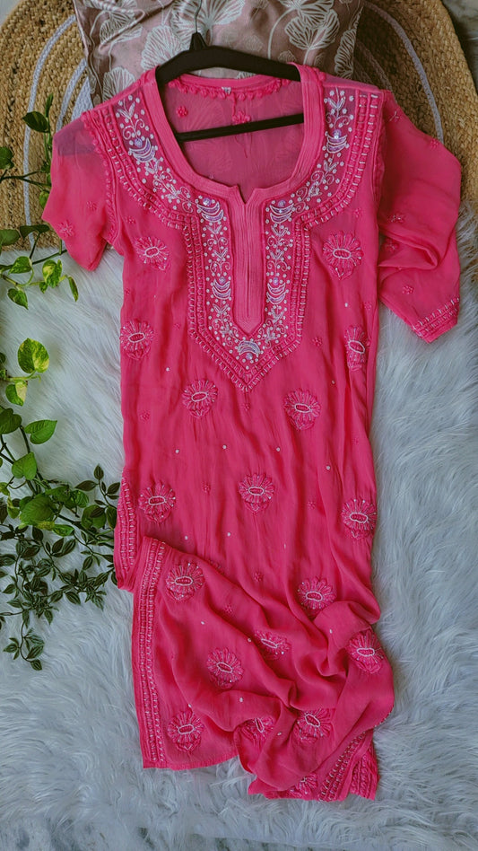 Hot pink Noori premium georgette Chikankari kurta with intricate cutdana embroidery, handmade by LVW Fashions from Lucknow Chikankari collection.