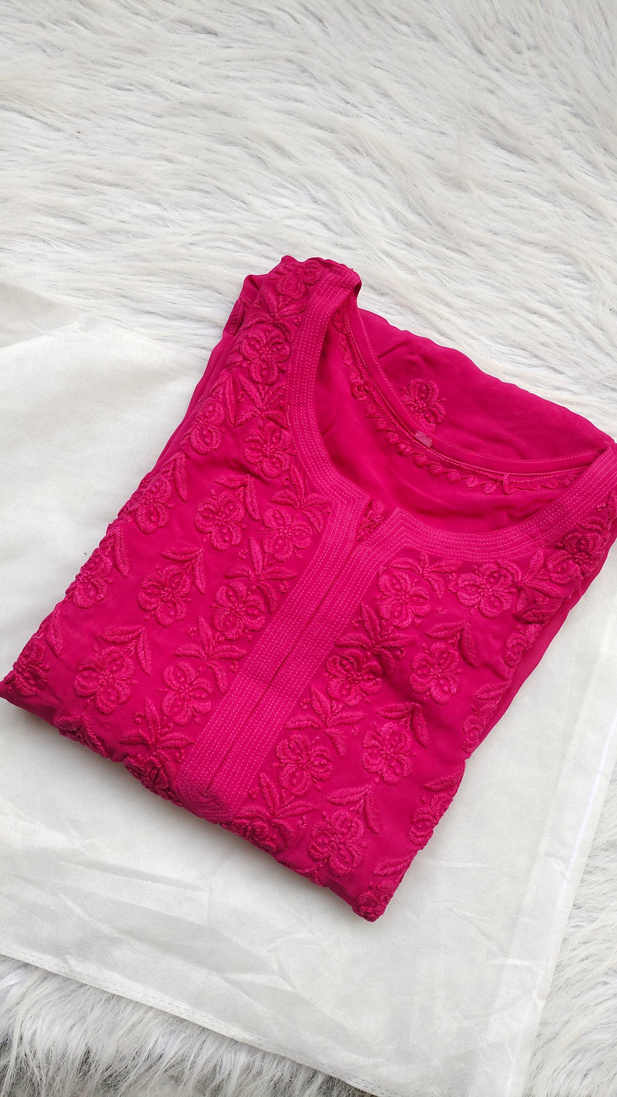 Hoty Pink premium georgette long kurti with intricate handmade Lucknow chikankari embroidery by LVW Fashions.