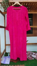 Hoty Pink premium georgette Chikankari long kurti by LVW Fashions, handcrafted Lucknow chikankari with intricate embroidery.
