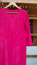 Hoty Pink premium Georgette Long Chikankari Kurti by LVW Fashions with intricate handmade Lucknow-style embroidery.