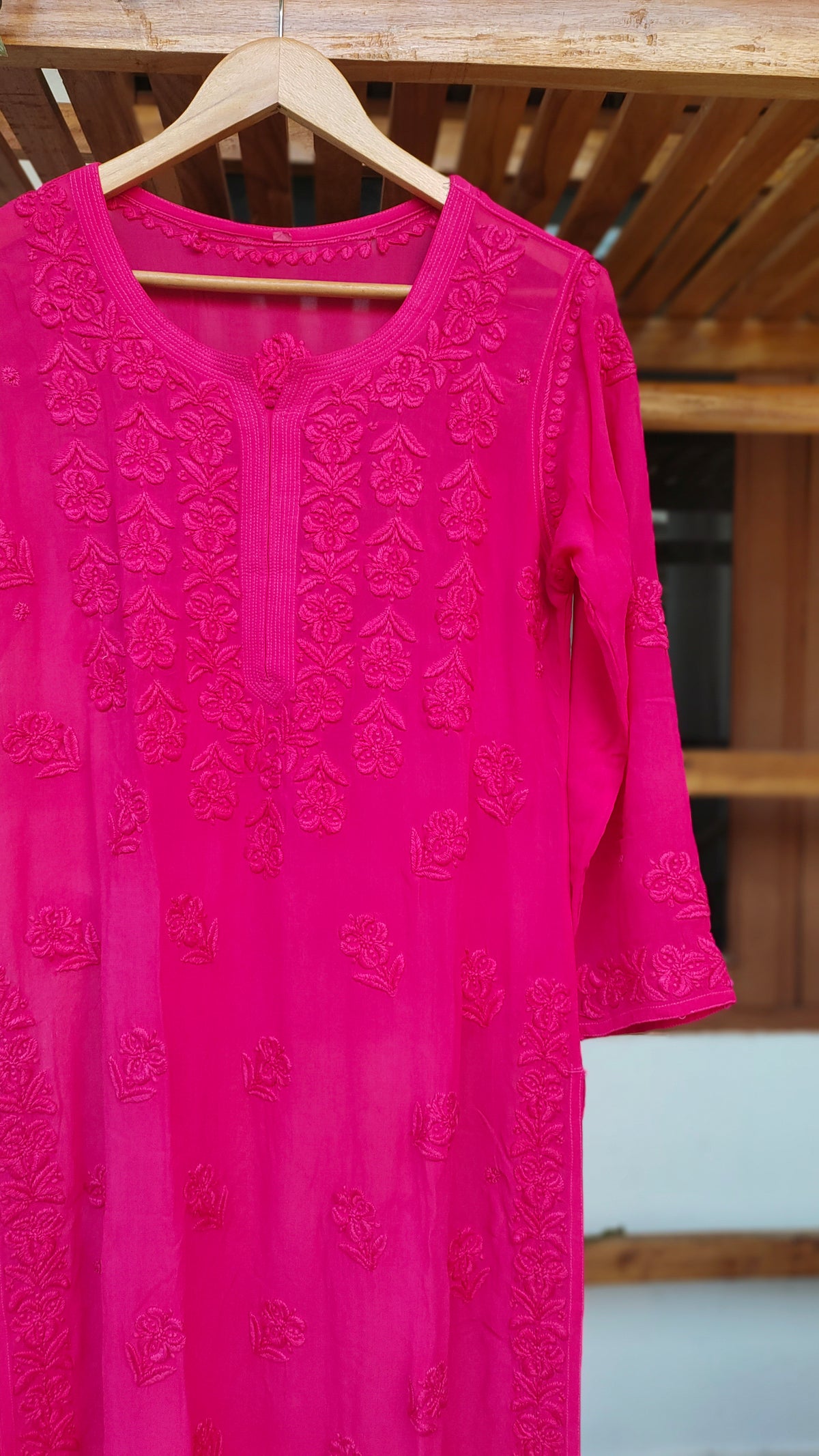 Hoty Pink premium Georgette Long Chikankari Kurti by LVW Fashions with intricate handmade Lucknow-style embroidery.