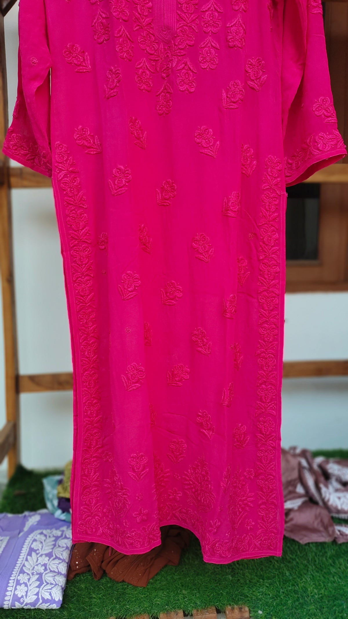 Hoty Pink premium georgette long kurti with intricate handmade Lucknow chikankari embroidery by LVW Fashions.