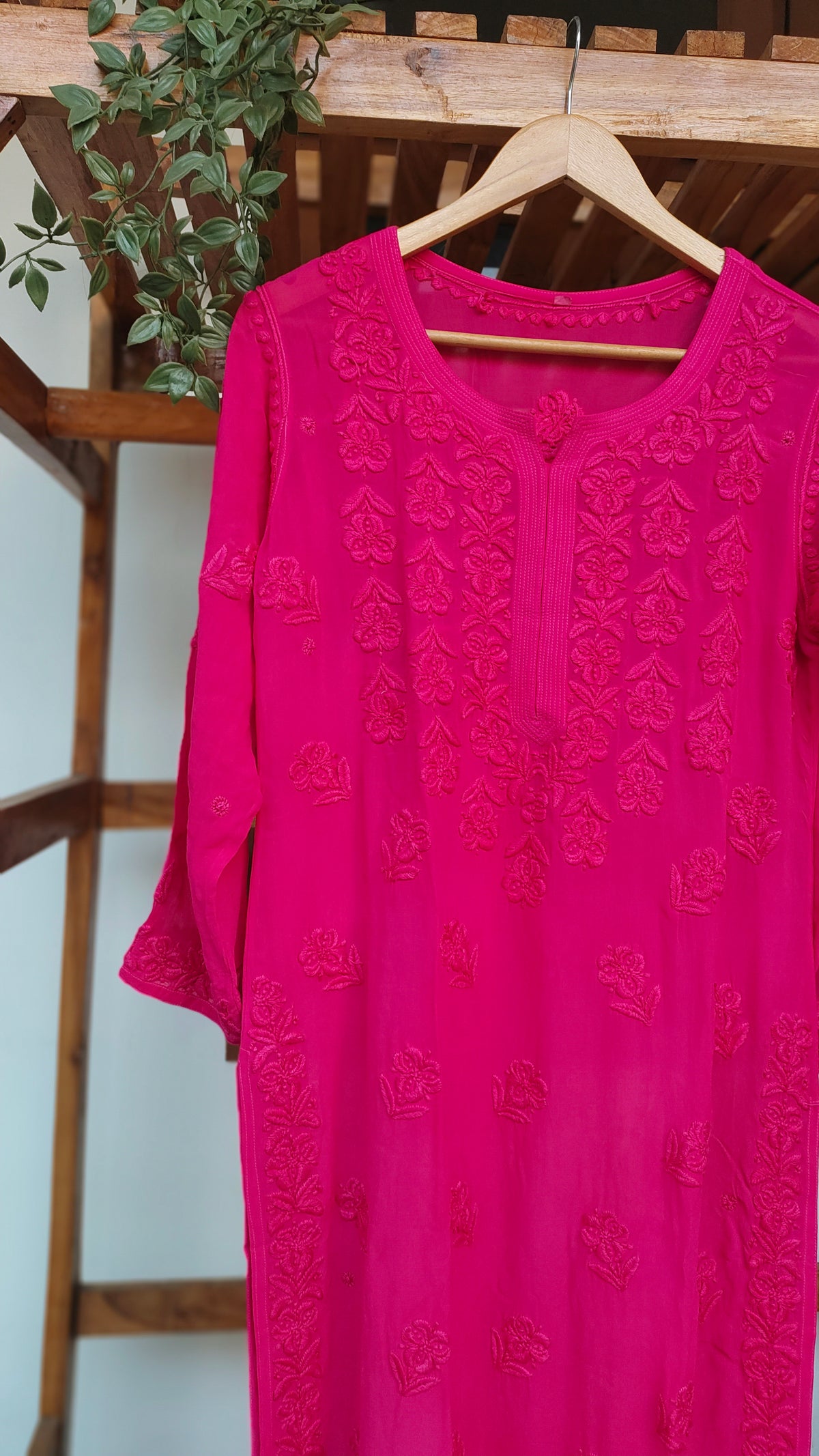 Hoty Pink premium georgette long kurti with intricate handmade Lucknow chikankari embroidery from LVW Fashions.