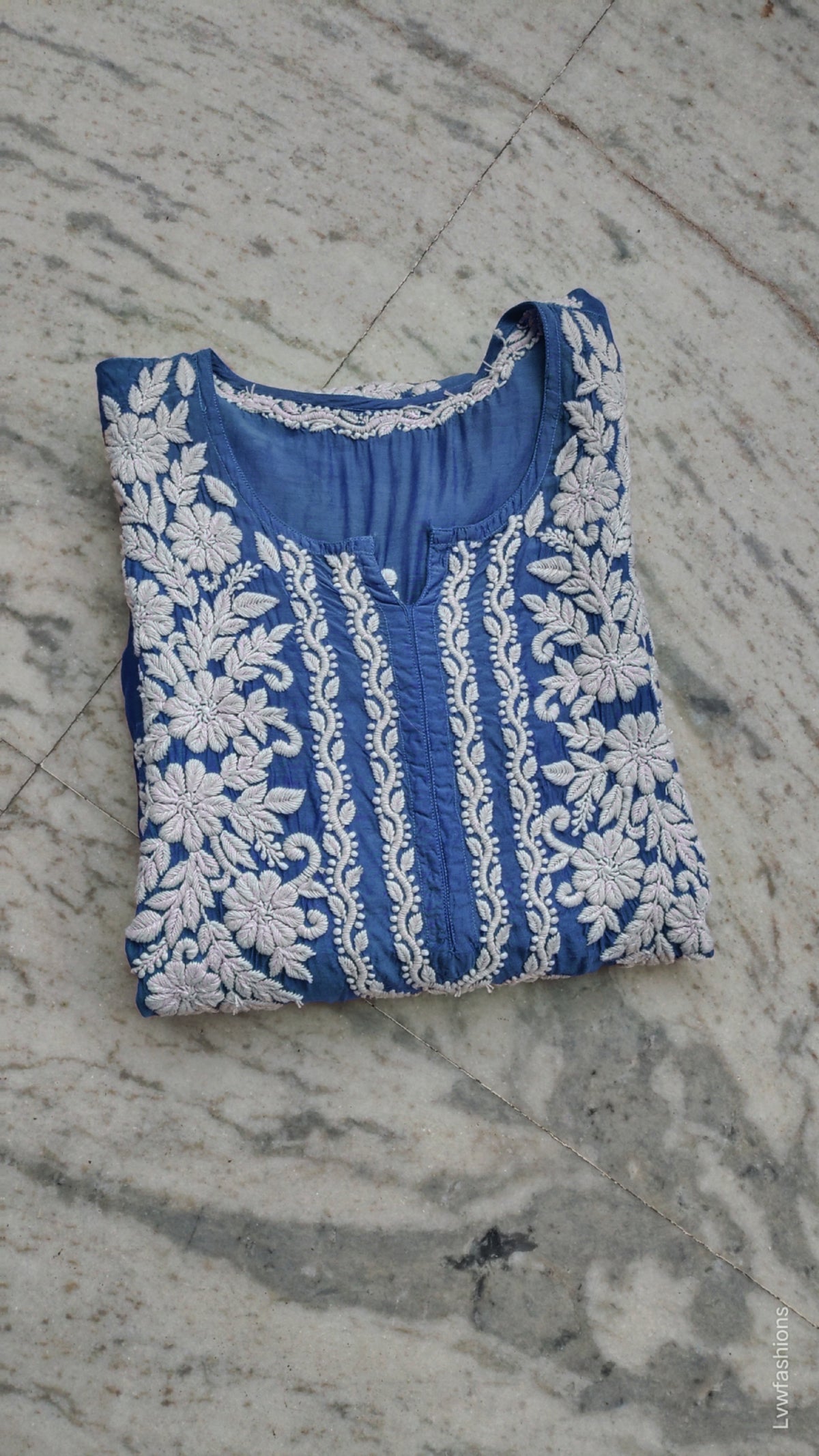Blue metallic silk Kurta with intricate Lucknow Chikankari embroidery, handmade by LVW Fashions, luxurious and elegant traditional attire.
