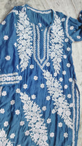 Handmade metallic blue silk Kurta with intricate Lucknow Chikankari from LVW Fashions, luxurious and elegant traditional attire.