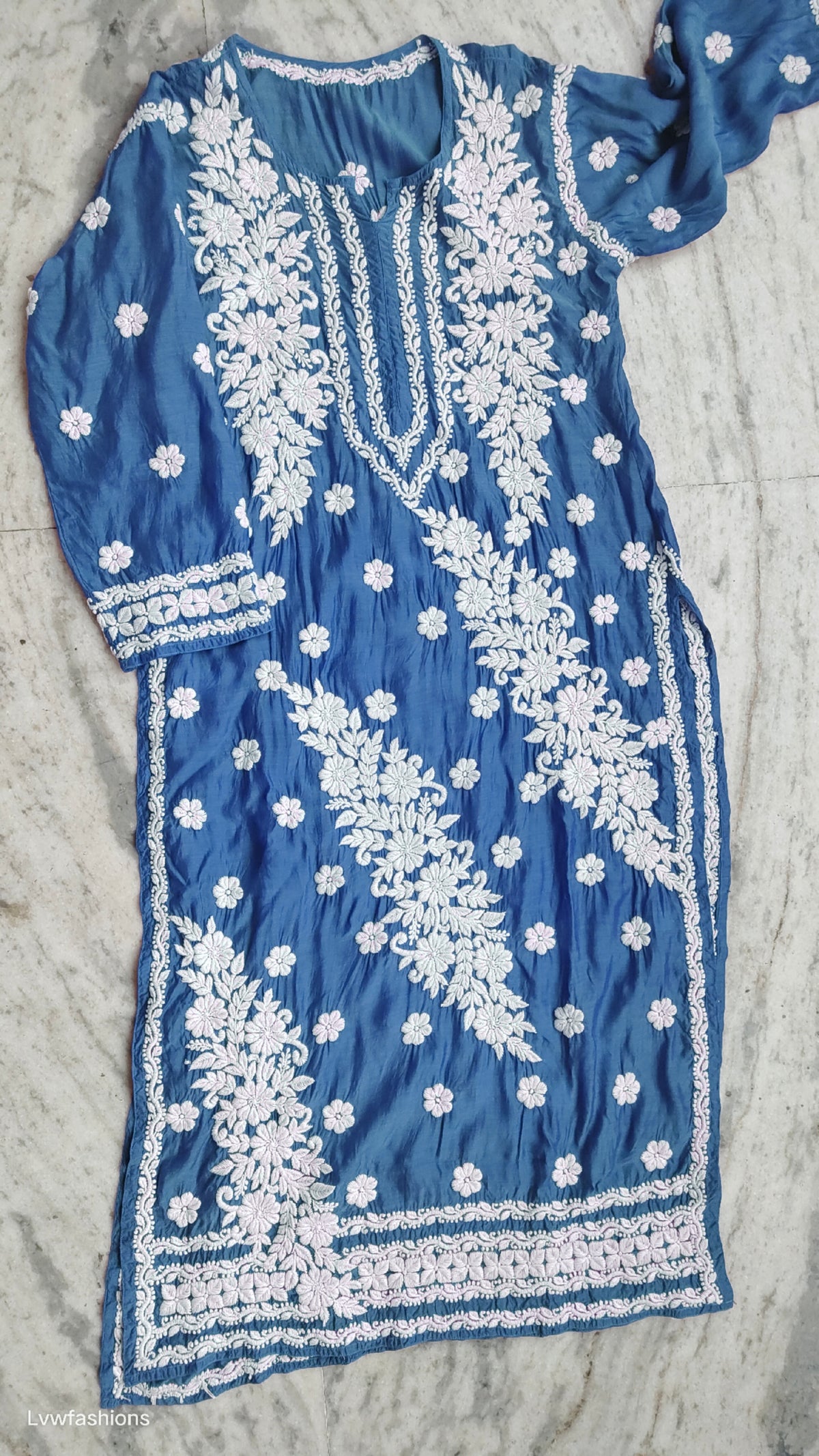 Metallic blue premium silk Chikankari kurta by LVW Fashions, featuring intricate handmade Lucknow Chikankari embroidery.