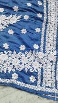 Metallic blue LVW Fashions premium silk chikankari kurta with intricate handmade Lucknow embroidery, luxurious look and elegant design.