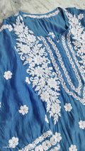 Metallic blue premium silk Kurta with intricate Lucknow Chikankari embroidery by LVW Fashions, luxurious handmade traditional attire.