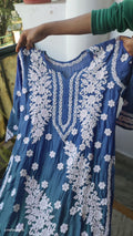 Metallic blue luxury silk Kurta with intricate handmade Chikankari embroidery by LVW Fashions, showcasing traditional Lucknow craftsmanship.