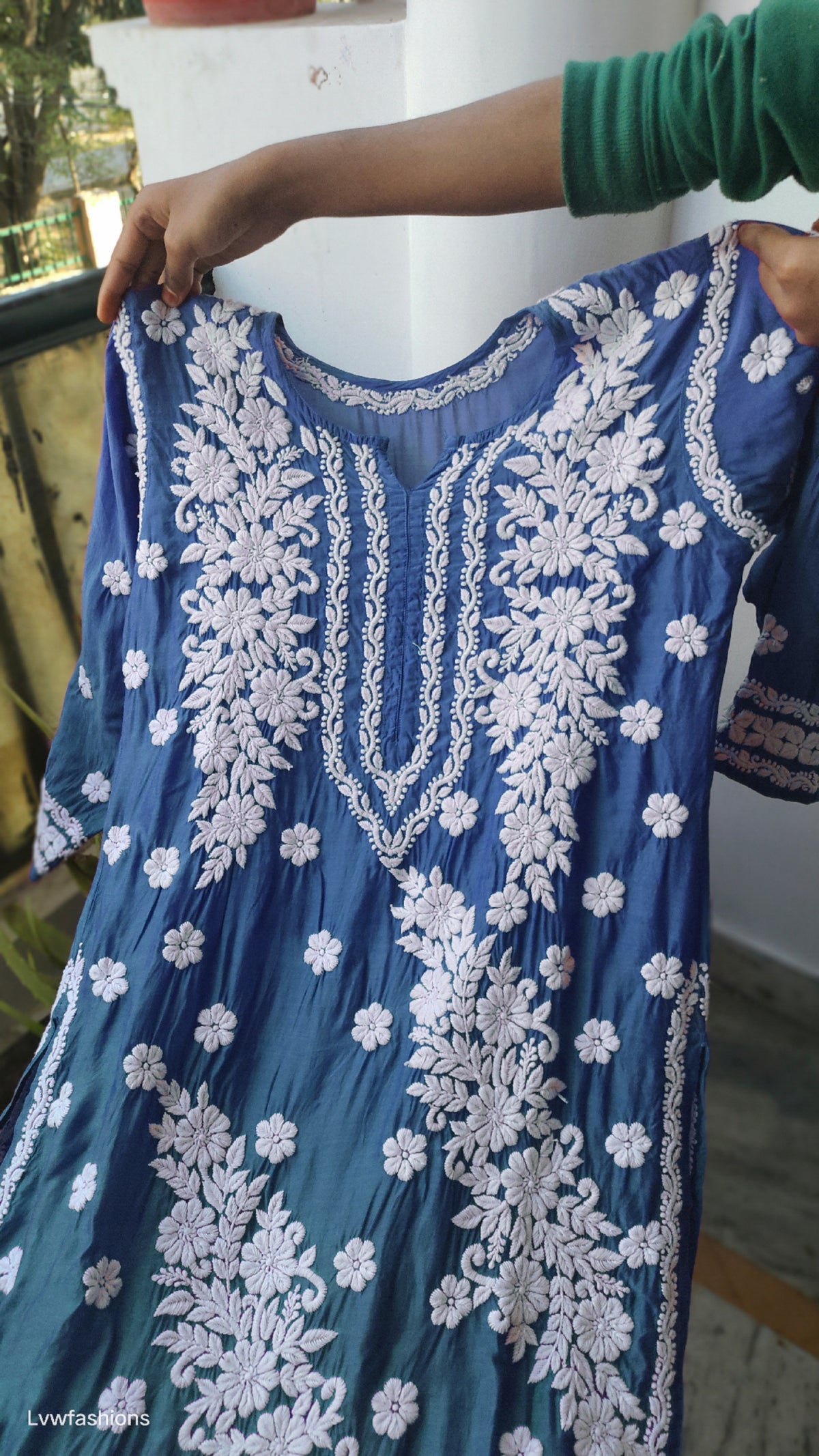 Metallic blue luxury silk Kurta with intricate handmade Chikankari embroidery by LVW Fashions, showcasing traditional Lucknow craftsmanship.