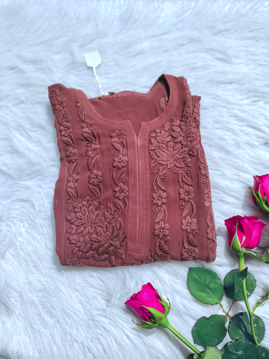 Luxurious Kalidar Kurta by LVW Fashions in premium georgette with intricate Lucknow chikankari and 5 roses embroidery.