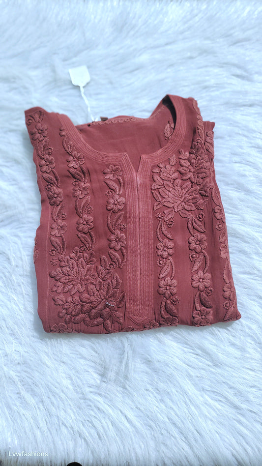 Kalidar 5 Roses premium georgette Chikankari kurta by LVW Fashions, showcasing intricate handmade Lucknow Chikankari design.