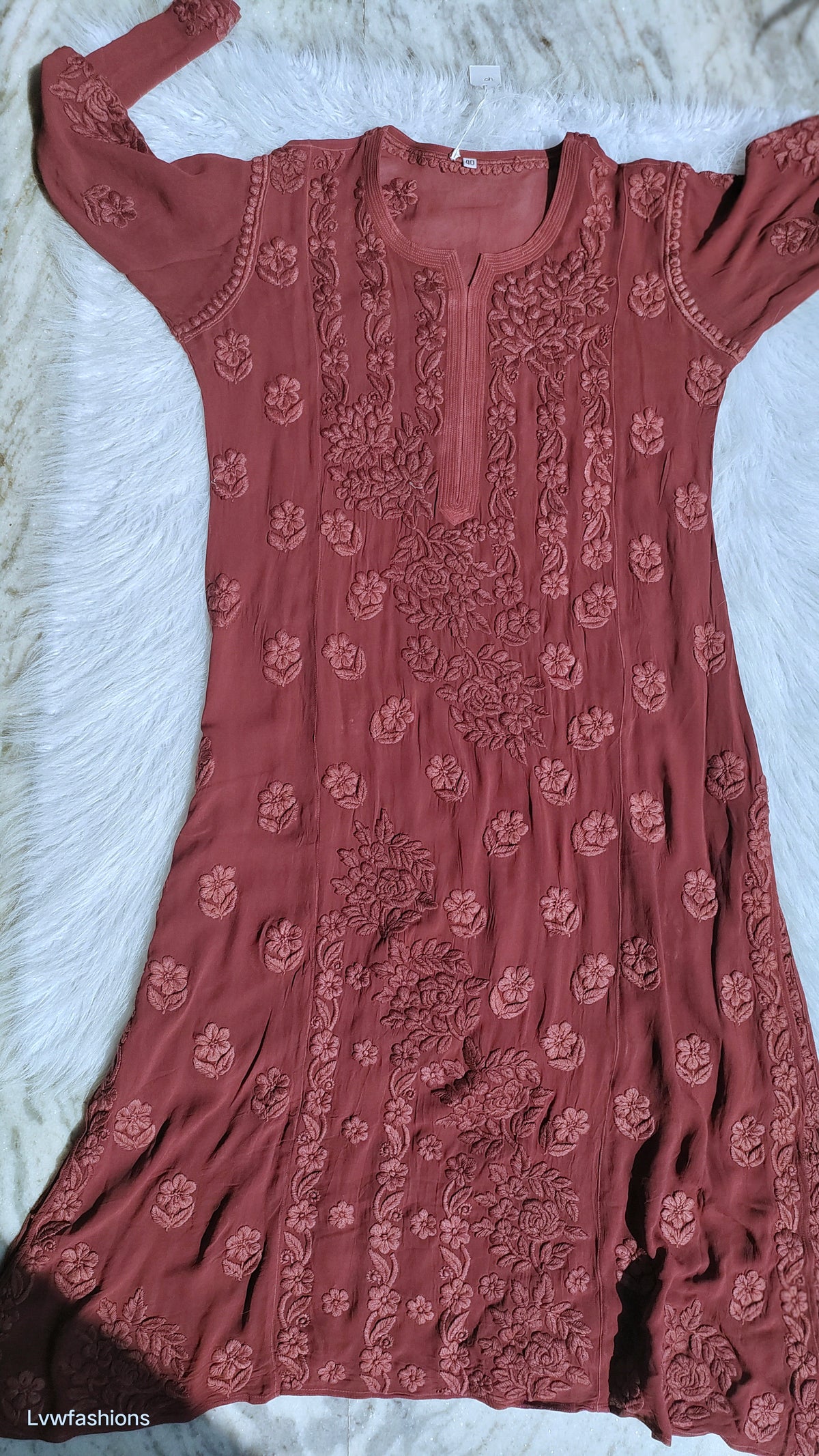 Kalidar 5 Roses premium georgette chikankari kurta by LVW Fashions featuring intricate handmade Lucknow chikankari design.