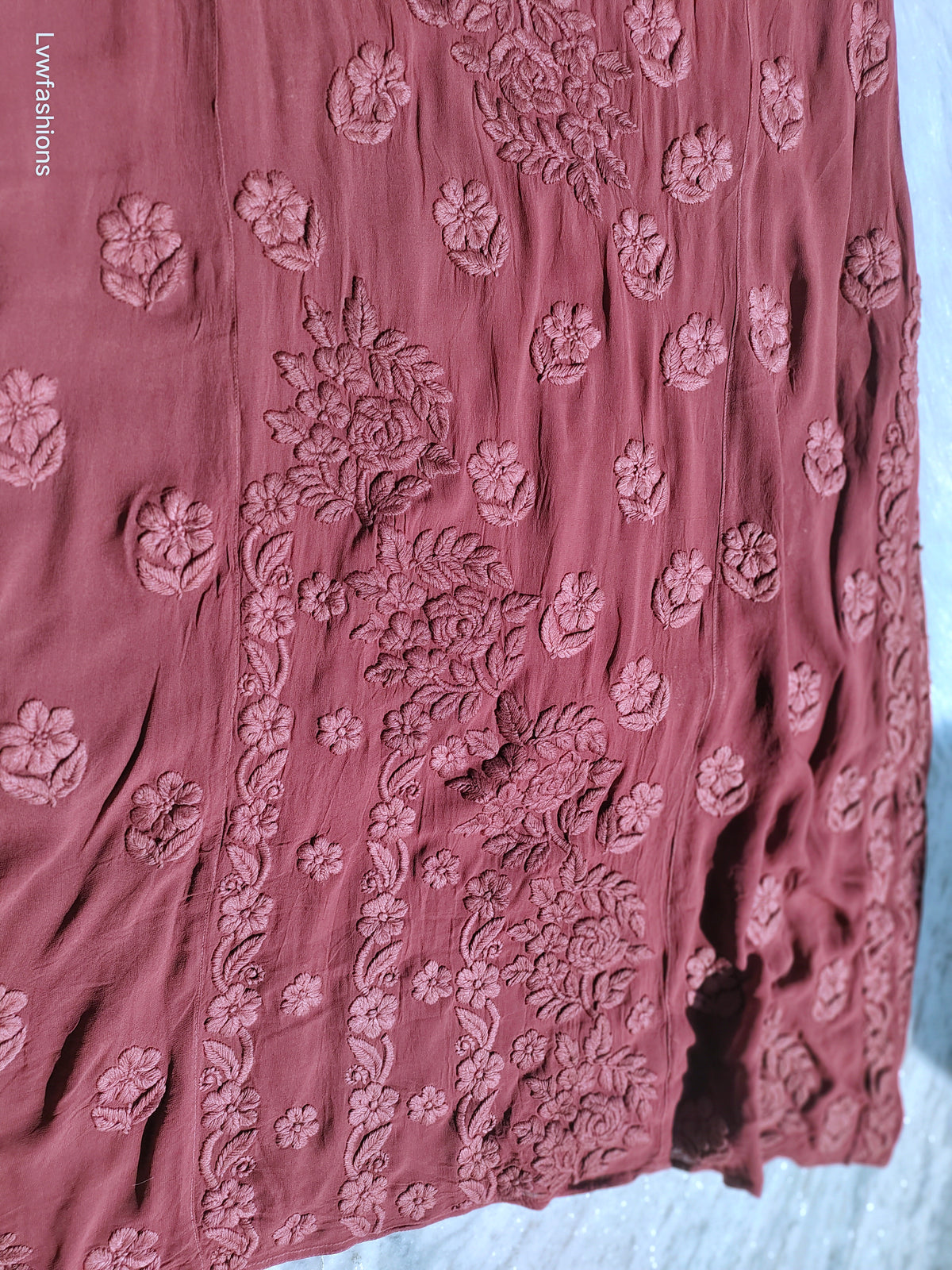 Lavender Kalidar Kurta by LVW Fashions featuring intricate Lucknow Chikankari on premium georgette fabric.