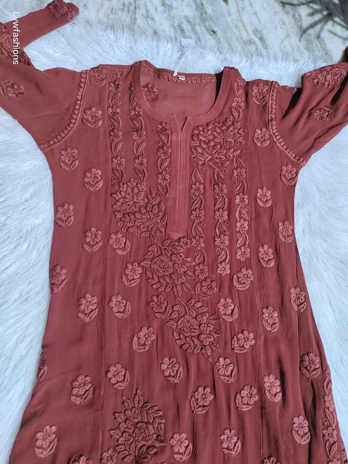 Handmade Kalidar georgette kurta with intricate 5 roses chikankari embroidery, luxurious look, by LVW Fashions.