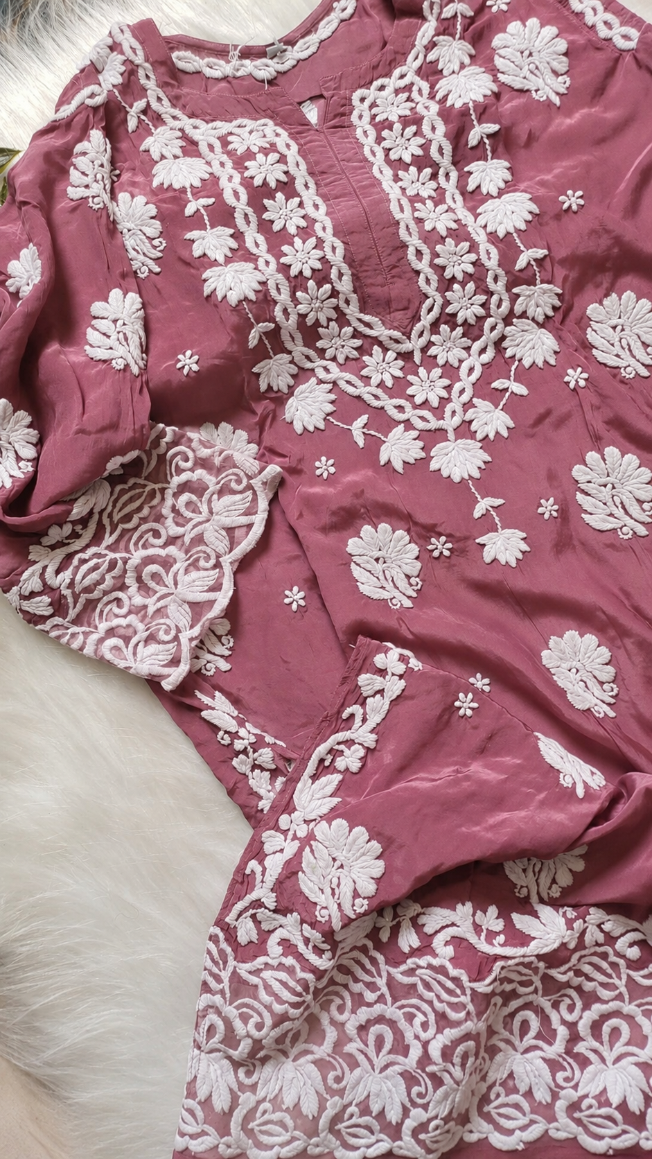 Pink Meer Lace Chikankari Kurta by LVW Fashions, soft skin-breathing crepe fabric with intricate handmade Lucknow embroidery.