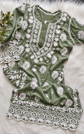 Pink Meer lace detailed premium soft skin breathable crepe Chikankari Kurta by LVW Fashions, handmade Lucknow Chikankari.