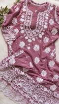 Pink Meer lace detailed premium soft skin breathable crepe Chikankari Kurta by LVW Fashions, handmade with intricate Lucknow embroidery.