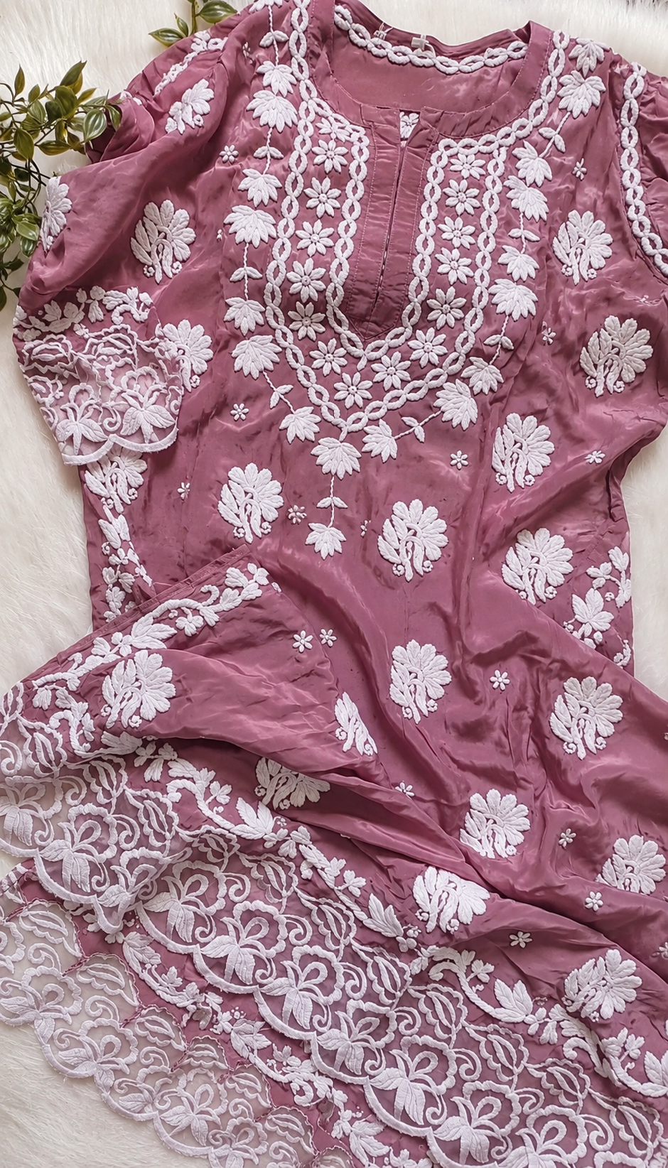 Pink Meer lace detailed premium soft skin breathable crepe Chikankari Kurta by LVW Fashions, handmade with intricate Lucknow embroidery.