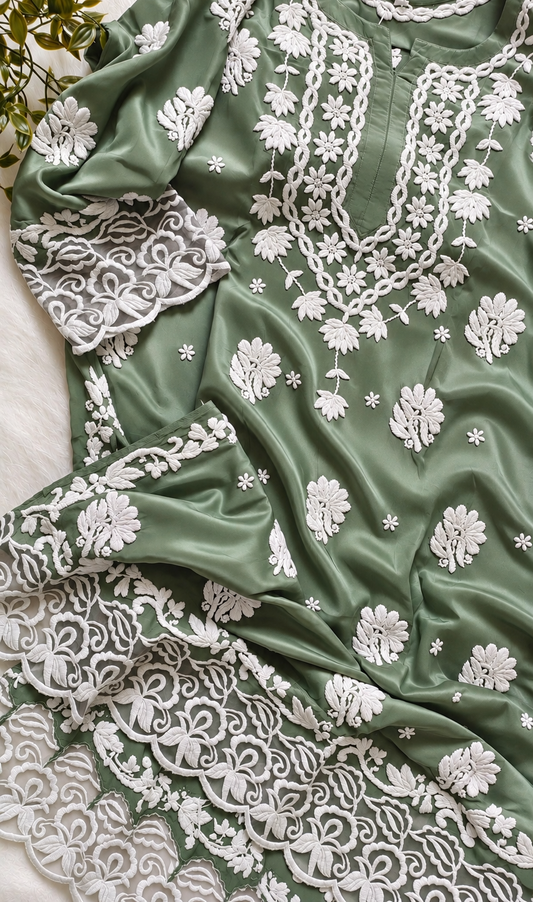 Meer Lace Detailed Premium Soft Skin Breathing Crepe Chikankari Kurta