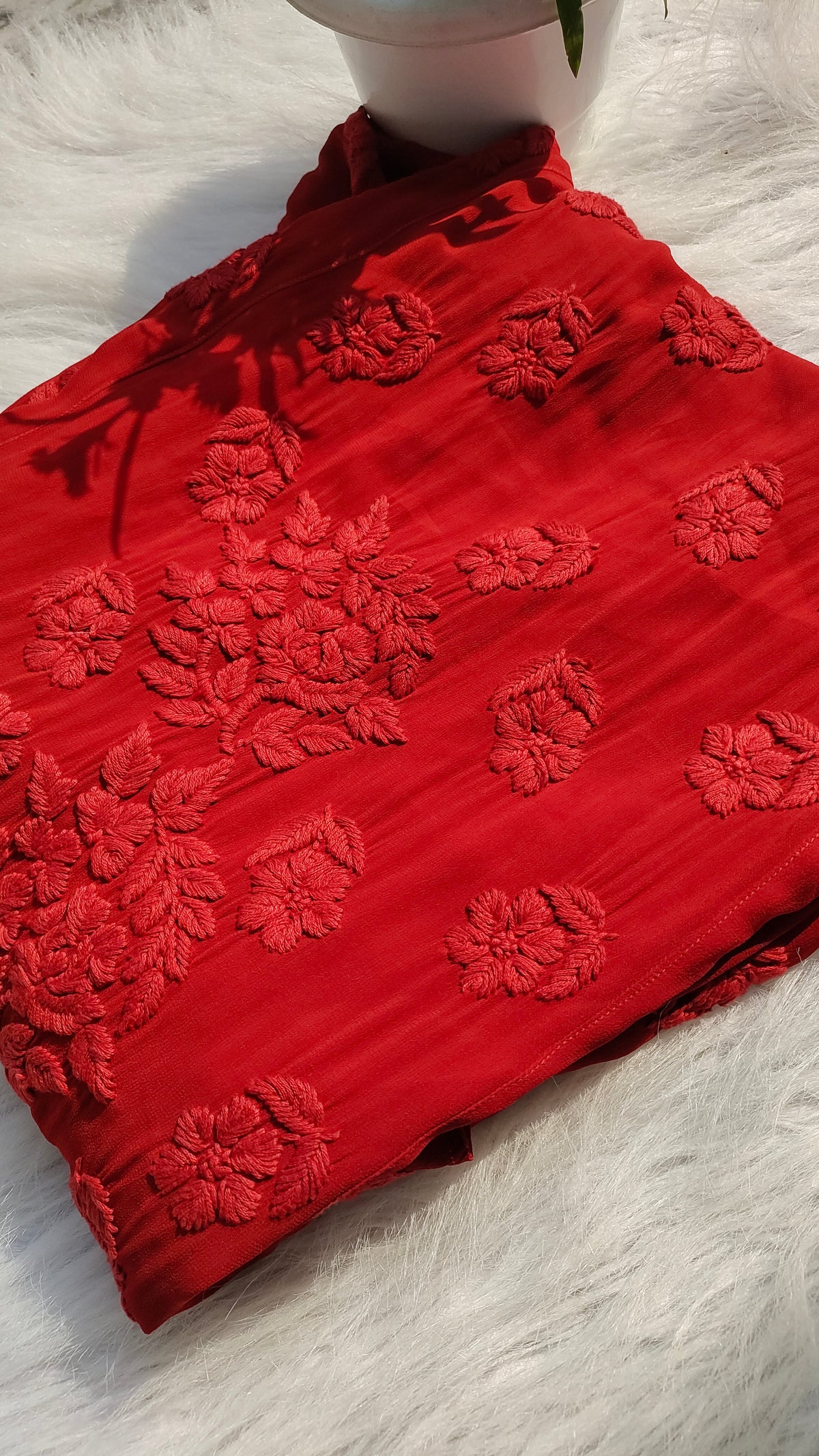 Laal Ishq premium georgette long chikankari kurta by LVW Fashions, showcasing intricate Lucknow-style handmade chikankari embroidery.
