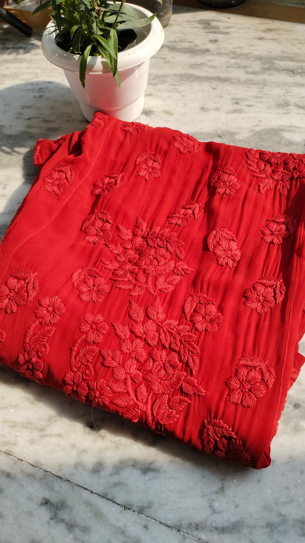 Handmade Laal Ishq premium georgette long Chikankari kurta by LVW Fashions featuring intricate Lucknow Chikankari embroidery.