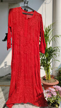 Laal Ishq premium georgette long chikankari kurta by LVW Fashions with intricate handmade Lucknow chikankari embroidery.