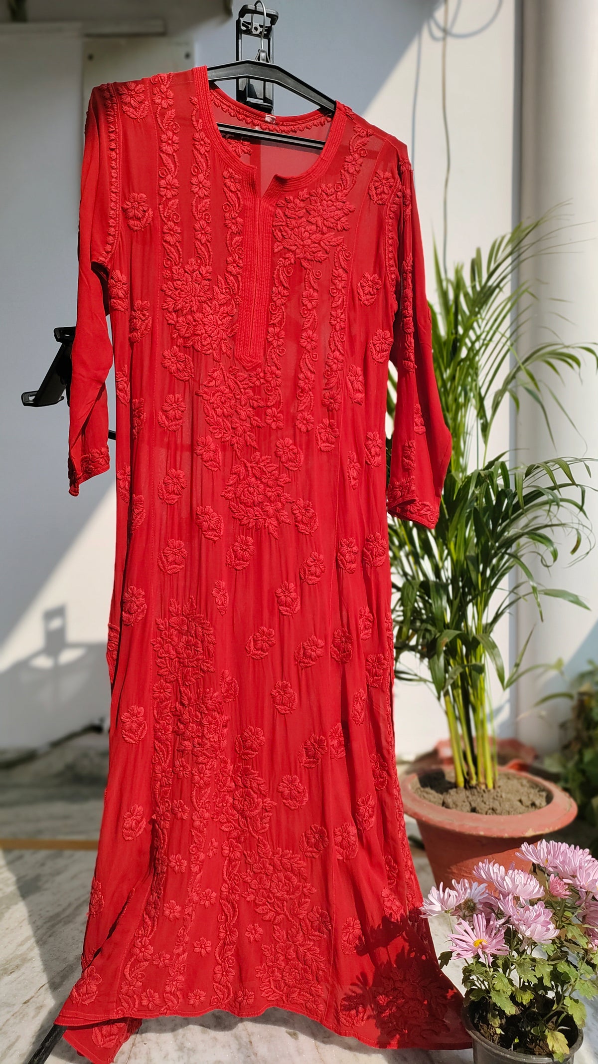 Laal Ishq premium georgette long chikankari kurta by LVW Fashions with intricate handmade Lucknow chikankari embroidery.