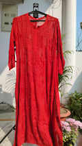 Laal Ishq premium georgette long Chikankari kurta by LVW Fashions, featuring intricate handmade Lucknow embroidery.