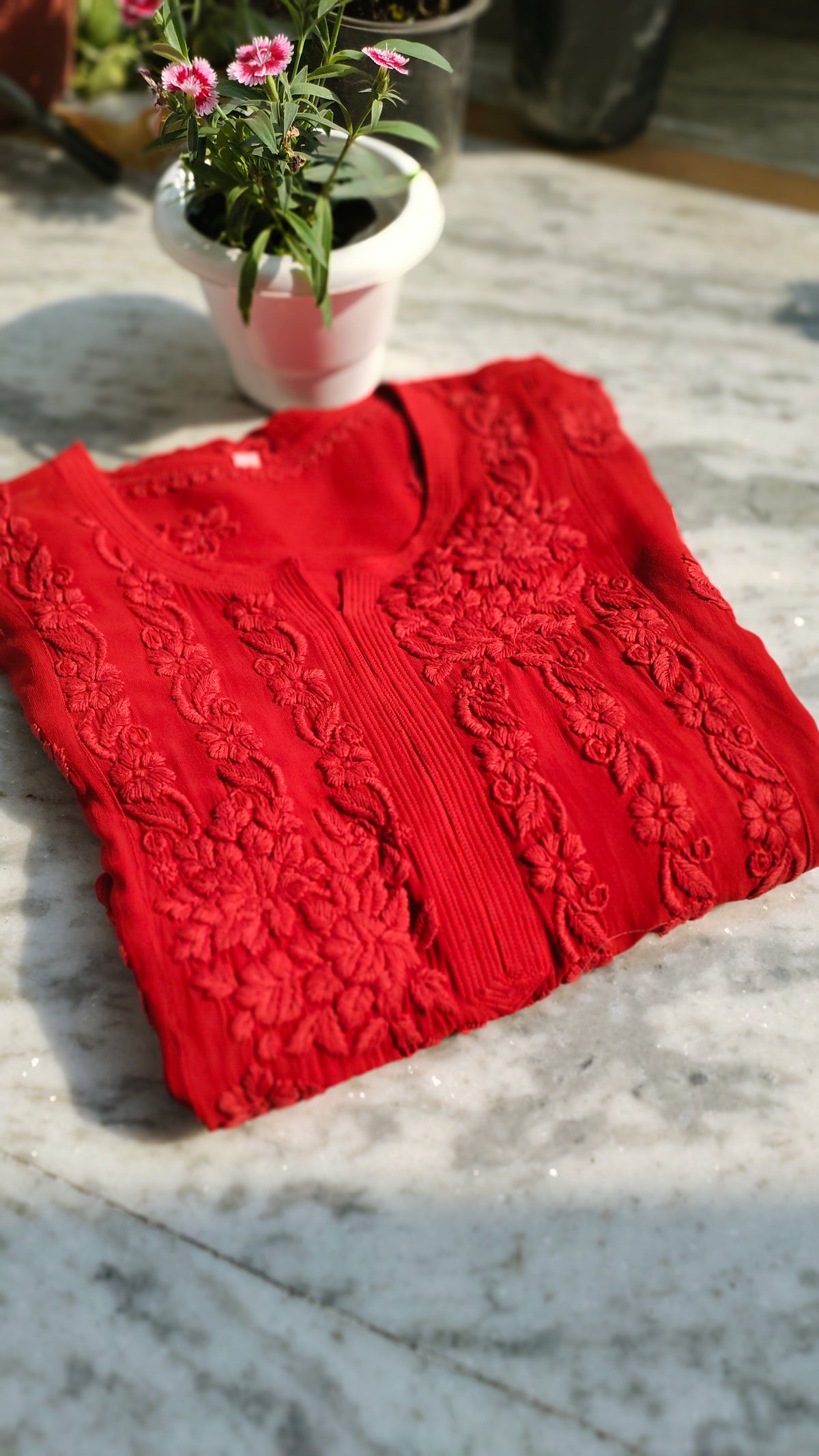 Laal Ishq premium georgette long chikankari kurta by LVW Fashions with intricate handcrafted Lucknow embroidery, shown in deep red.