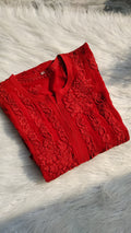 Laal Ishq premium georgette long chikankari kurta by LVW Fashions, handcrafted Lucknow chikankari with intricate embroidery and elegant design.