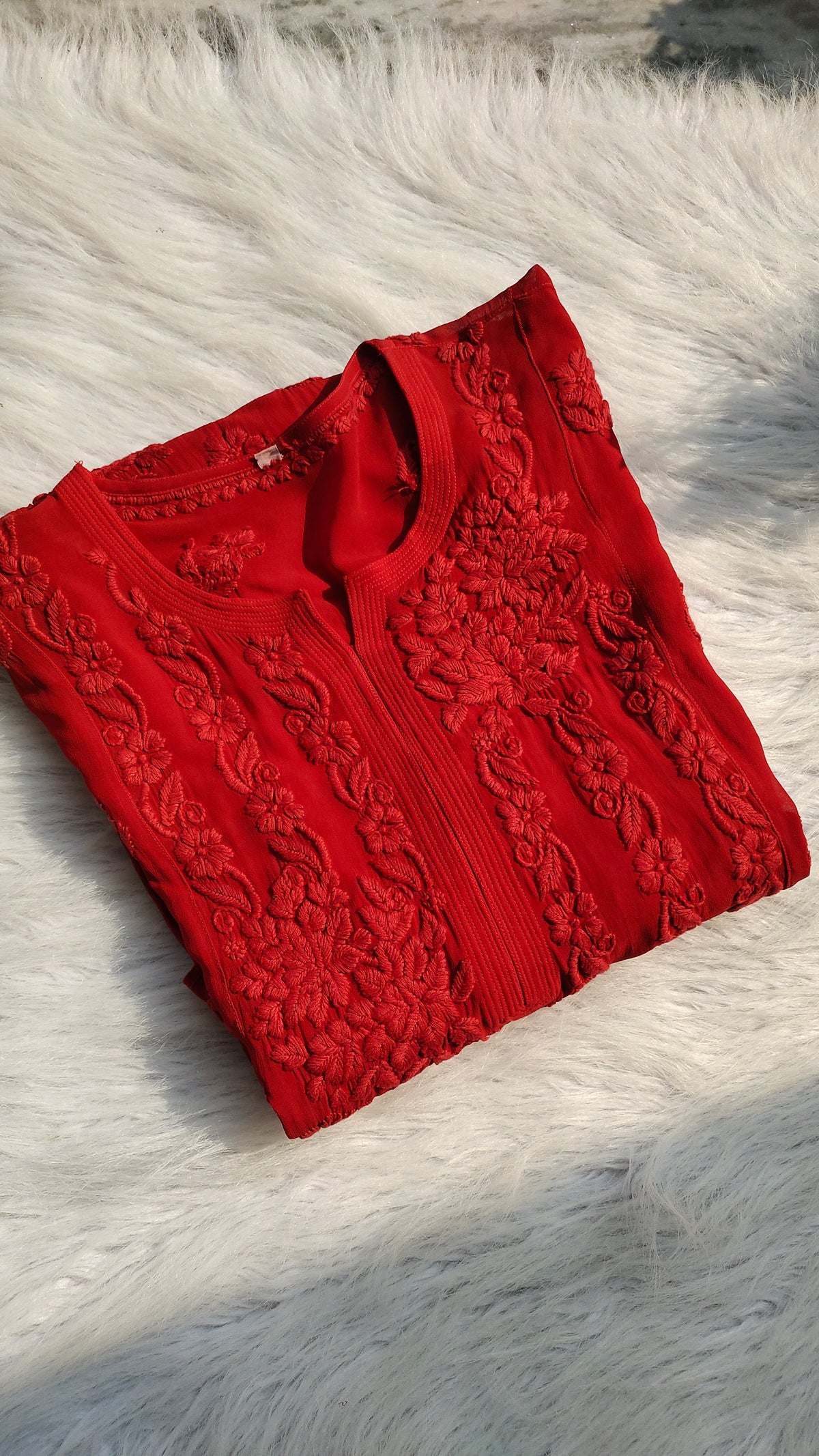 Laal Ishq premium georgette long chikankari kurta by LVW Fashions, handcrafted Lucknow chikankari with intricate embroidery and elegant design.