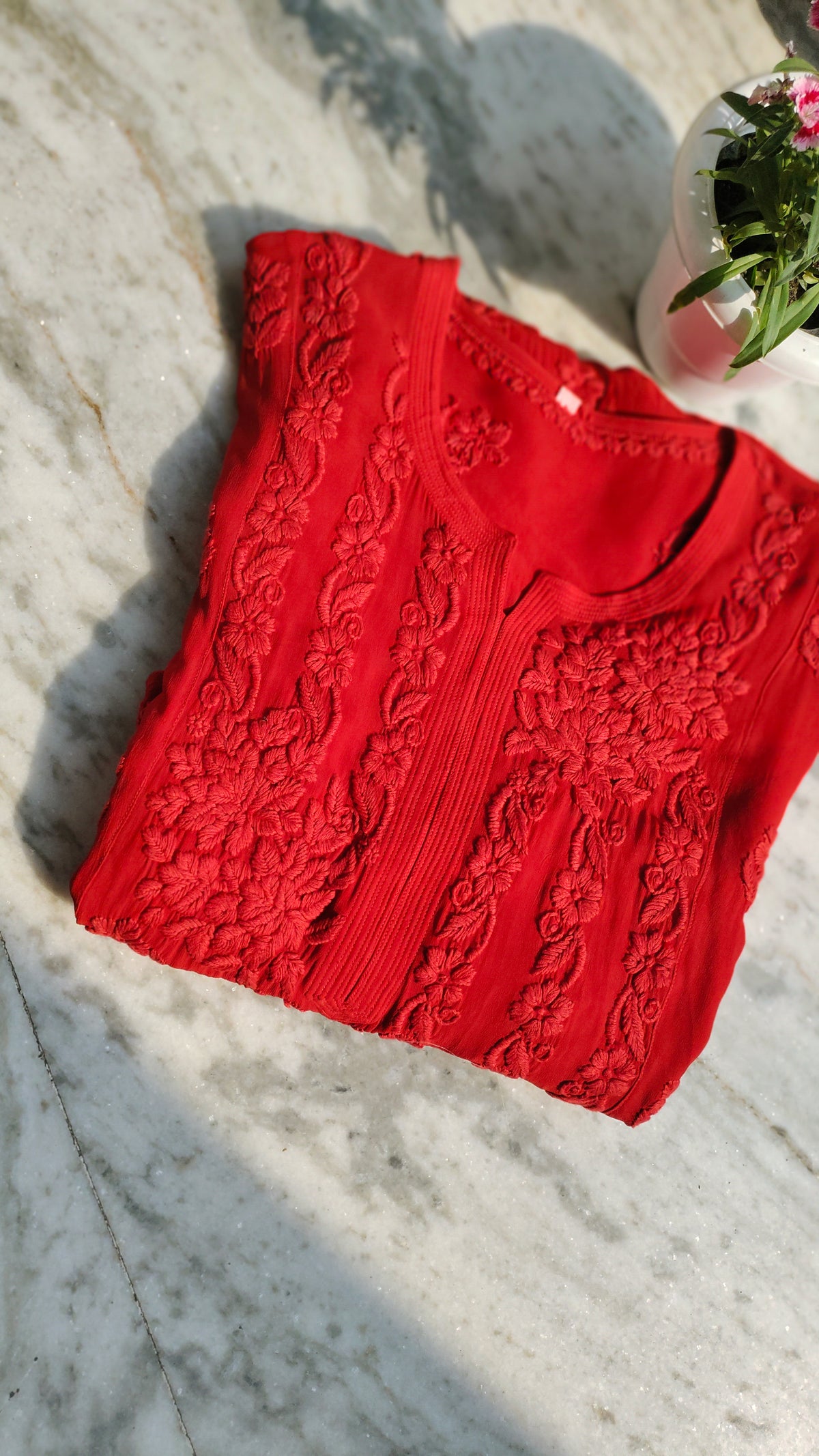 Handmade Laal Ishq premium georgette long Chikankari kurta by LVW Fashions with intricate Lucknow embroidery.