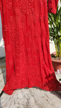 Laal Ishq premium georgette long chikankari kurta by LVW Fashions, handmade Lucknow chikankari with intricate embroidery and elegant design.