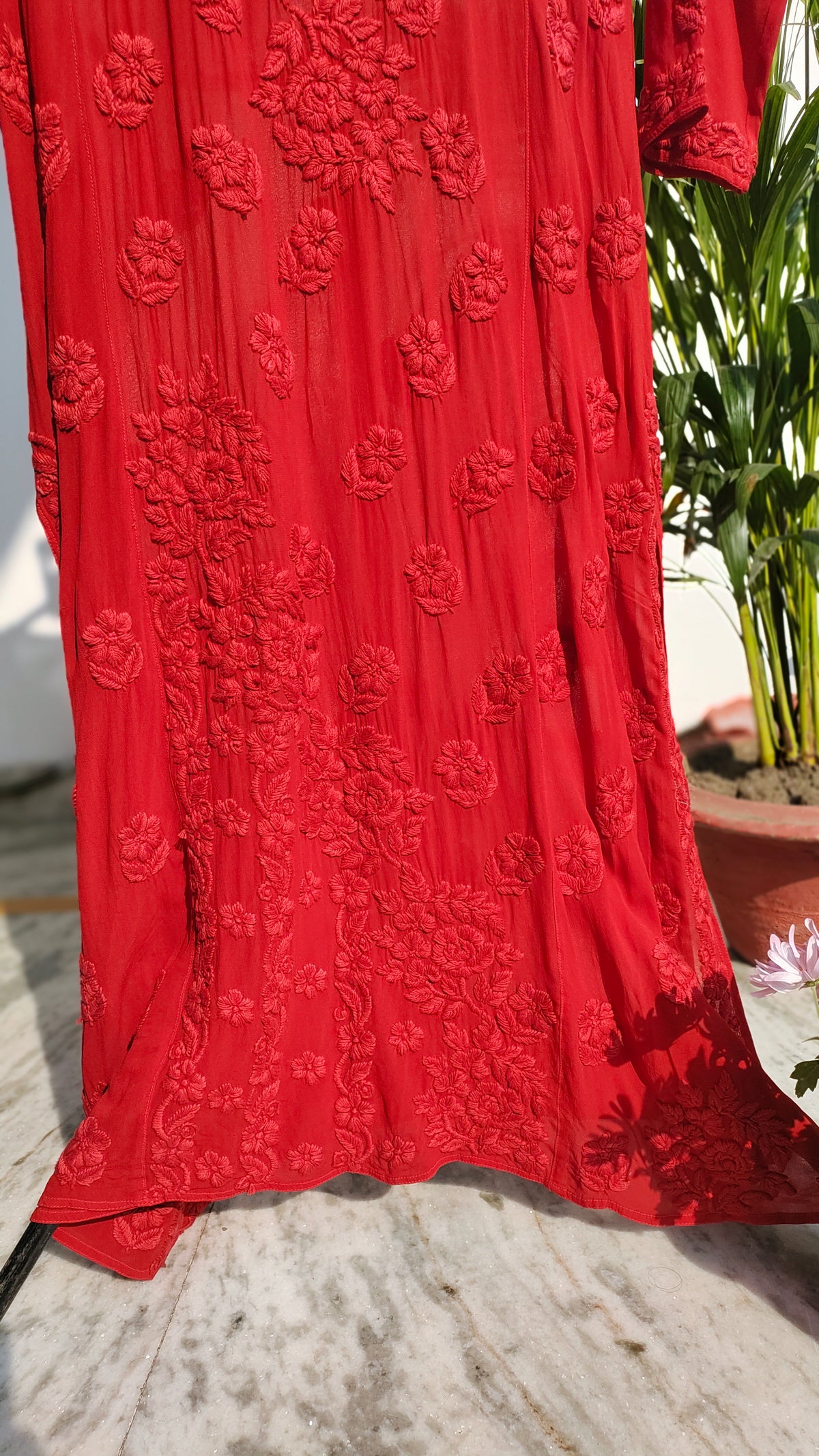 Laal Ishq premium georgette long chikankari kurta by LVW Fashions, handmade Lucknow chikankari with intricate embroidery and elegant design.