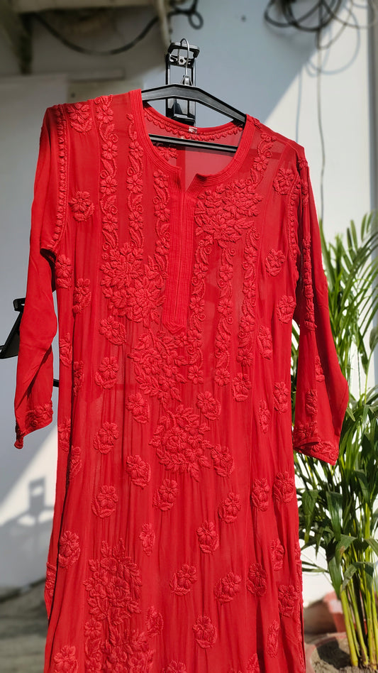 Laal Ishq premium georgette long chikankari kurta by LVW Fashions, handmade Lucknow chikankari with intricate embroidery.
